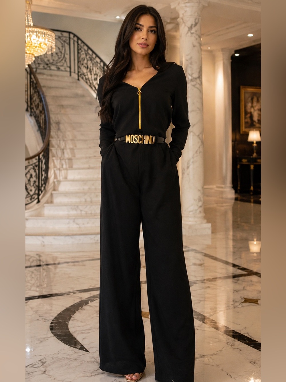 NWT ZARA Wide Leg long Front Zip Black Jumpsuit SZ-XS -S
